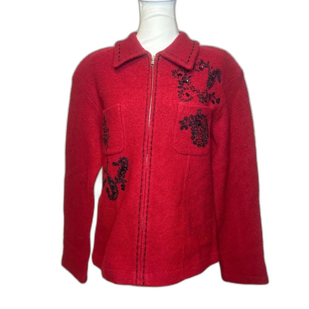 Conrad C Collection Boutique Red Floral Faux Zip Up Collar Sweater Womens